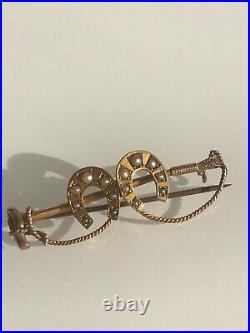 Victorian 9ct Yellow Gold Pearl Double Horseshoe Equestrian Bar Brooch