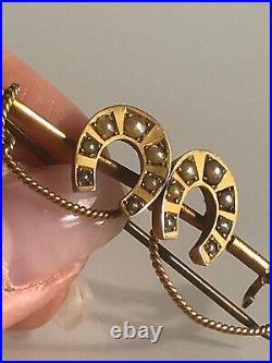 Victorian 9ct Yellow Gold Pearl Double Horseshoe Equestrian Bar Brooch