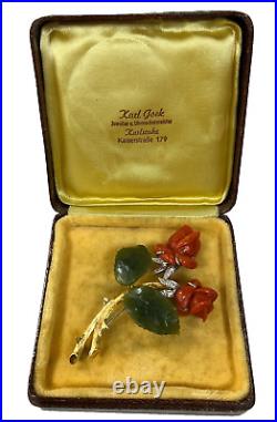 Victorian Antique Big Brooch 18K Gold Viennese Rose Coral Jade Leaf Diamonds 3'