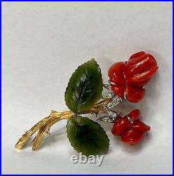 Victorian Antique Big Brooch 18K Gold Viennese Rose Coral Jade Leaf Diamonds 3'