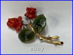 Victorian Antique Big Brooch 18K Gold Viennese Rose Coral Jade Leaf Diamonds 3'