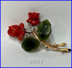 Victorian Antique Big Brooch 18K Gold Viennese Rose Coral Jade Leaf Diamonds 3'