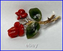 Victorian Antique Big Brooch 18K Gold Viennese Rose Coral Jade Leaf Diamonds 3'