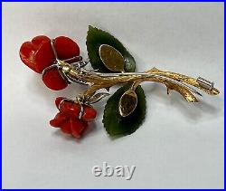 Victorian Antique Big Brooch 18K Gold Viennese Rose Coral Jade Leaf Diamonds 3'