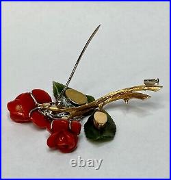 Victorian Antique Big Brooch 18K Gold Viennese Rose Coral Jade Leaf Diamonds 3'