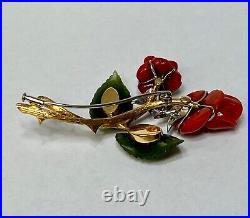 Victorian Antique Big Brooch 18K Gold Viennese Rose Coral Jade Leaf Diamonds 3'