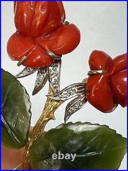 Victorian Antique Big Brooch 18K Gold Viennese Rose Coral Jade Leaf Diamonds 3'