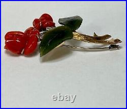 Victorian Antique Big Brooch 18K Gold Viennese Rose Coral Jade Leaf Diamonds 3'