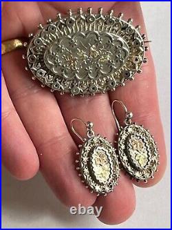 Victorian Hallmarked Silver Brooch & Earring Set with Gold Detailing