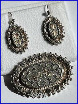 Victorian Hallmarked Silver Brooch & Earring Set with Gold Detailing