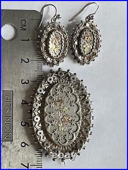 Victorian Hallmarked Silver Brooch & Earring Set with Gold Detailing