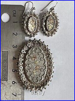 Victorian Hallmarked Silver Brooch & Earring Set with Gold Detailing