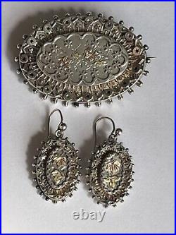 Victorian Hallmarked Silver Brooch & Earring Set with Gold Detailing