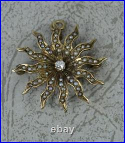 Victorian Old Cut Diamond and Seed Pearl 9ct Gold Star Sun Brooch Pendant