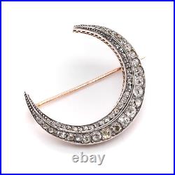 Victorian Rose Gold & Silver 2.39ctw Diamond Crescent Brooch or Pendant