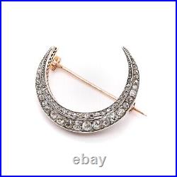 Victorian Rose Gold & Silver 2.39ctw Diamond Crescent Brooch or Pendant