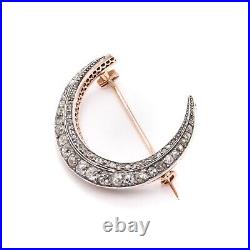 Victorian Rose Gold & Silver 2.39ctw Diamond Crescent Brooch or Pendant