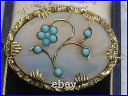 Victorian circa 1880 Turquoise and Chalcedony Rolled Gold flower brooch