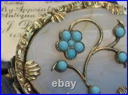 Victorian circa 1880 Turquoise and Chalcedony Rolled Gold flower brooch