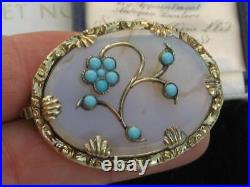 Victorian circa 1880 Turquoise and Chalcedony Rolled Gold flower brooch