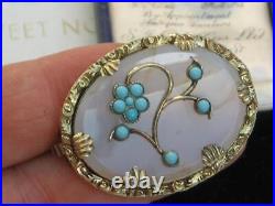 Victorian circa 1880 Turquoise and Chalcedony Rolled Gold flower brooch