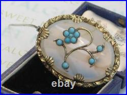 Victorian circa 1880 Turquoise and Chalcedony Rolled Gold flower brooch