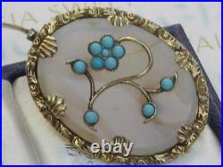 Victorian circa 1880 Turquoise and Chalcedony Rolled Gold flower brooch