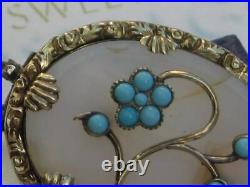 Victorian circa 1880 Turquoise and Chalcedony Rolled Gold flower brooch