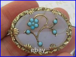 Victorian circa 1880 Turquoise and Chalcedony Rolled Gold flower brooch