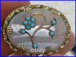 Victorian circa 1880 Turquoise and Chalcedony Rolled Gold flower brooch