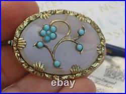 Victorian circa 1880 Turquoise and Chalcedony Rolled Gold flower brooch