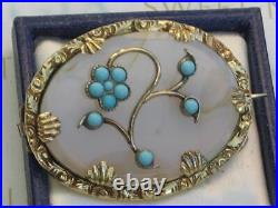 Victorian circa 1880 Turquoise and Chalcedony Rolled Gold flower brooch