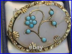 Victorian circa 1880 Turquoise and Chalcedony Rolled Gold flower brooch