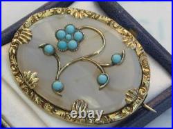 Victorian circa 1880 Turquoise and Chalcedony Rolled Gold flower brooch