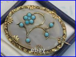 Victorian circa 1880 Turquoise and Chalcedony Rolled Gold flower brooch